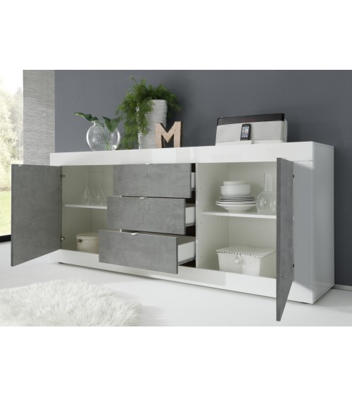 Buffet 2 portes 3 tiroirs BASIC finition blanc-béton 210 cm