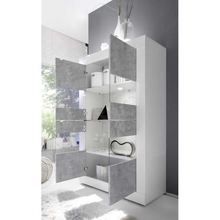 Vitrine 4 portes BASIC finition blanc-béton 102/162/43 cm