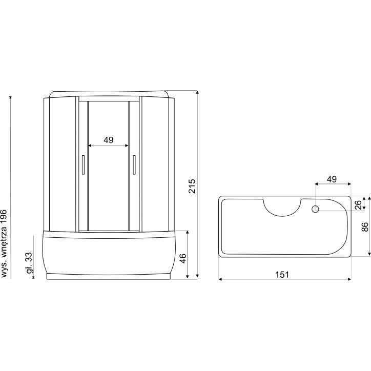 Combinazione vasca e doccia TAVOLA 151x86x215 cm