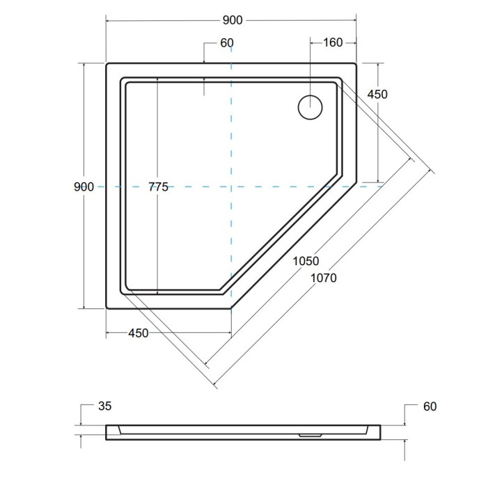 Receveur de douche extra-plat BERGO SLIMLINE asymétrique 90x90x6 cm blanc