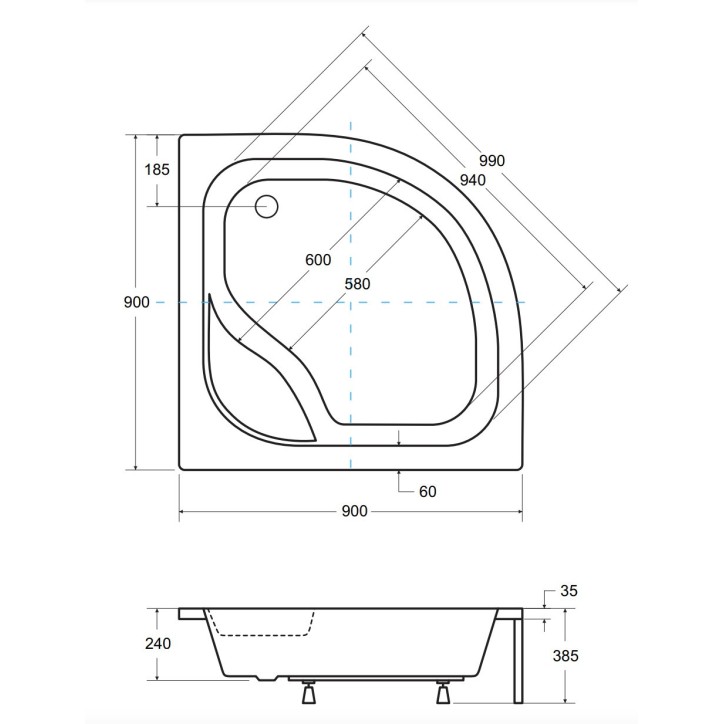 Receveur de douche DIPER I semi-circulaire 80x80 cm et 90x90 cm blanc