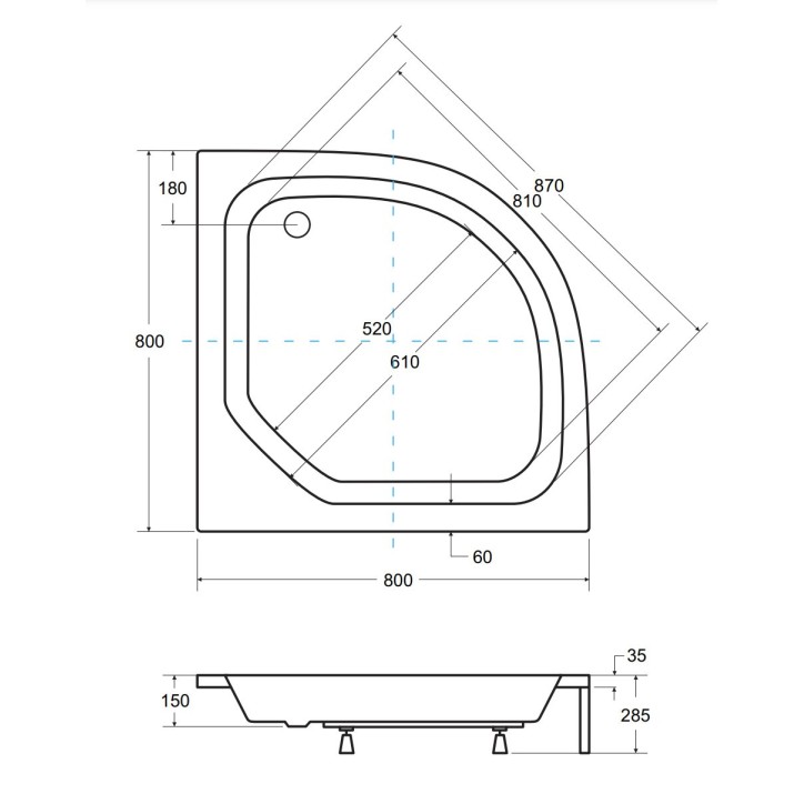 Receveur de douche DIPER II semi-circulaire 80x80 cm et 90x90 cm blanc