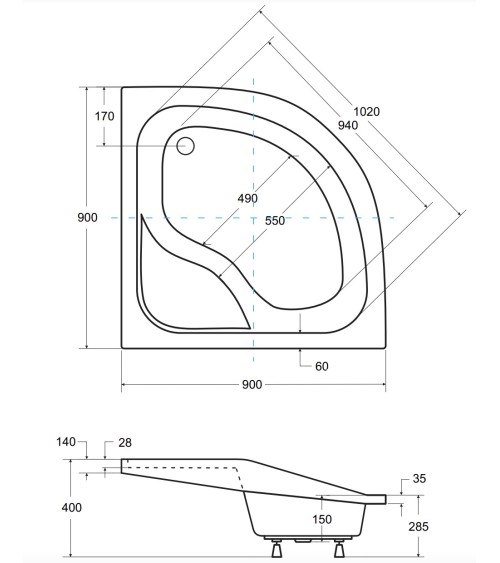 Receveur de douche OLIVER I semi-circulaire 80x80 cm et 90x90 cm blanc