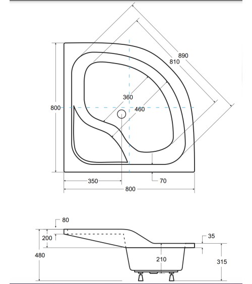 Receveur de douche OLIVER II semi-circulaire 80x80 cm et 90x90 cm blanc
