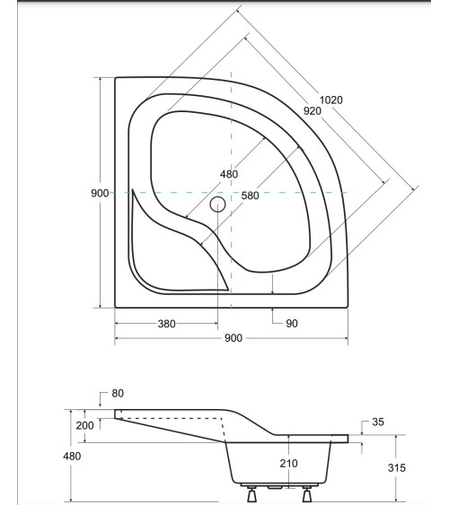 Receveur de douche OLIVER II semi-circulaire 80x80 cm et 90x90 cm blanc