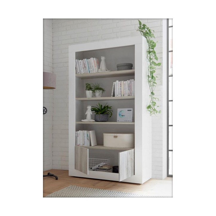 Librería SAMANTA 2 puertas y 3 estantes - blanco lacado y pino 110 x 191 cm