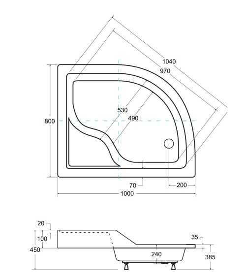 Receveur de douche MAXY asymétrique côté droit 100x80 cm et 120x85 cm blanc