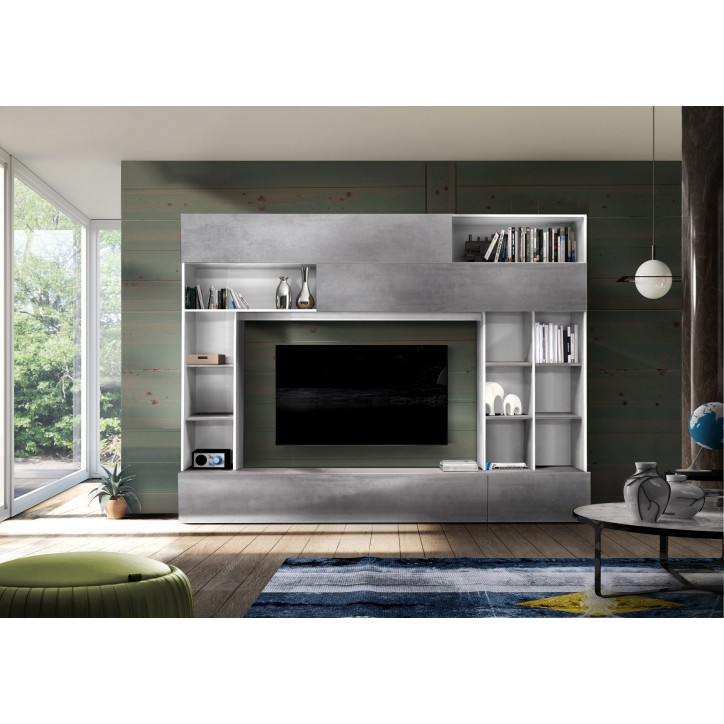 Conjunto mueble TV GEORGIO blanco y cemento 277 cm Conjunto mueble TV GEORGIO blanco y cemento 277 cm