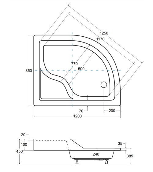 Receveur de douche MAXY asymétrique côté droit 100x80 cm et 120x85 cm blanc