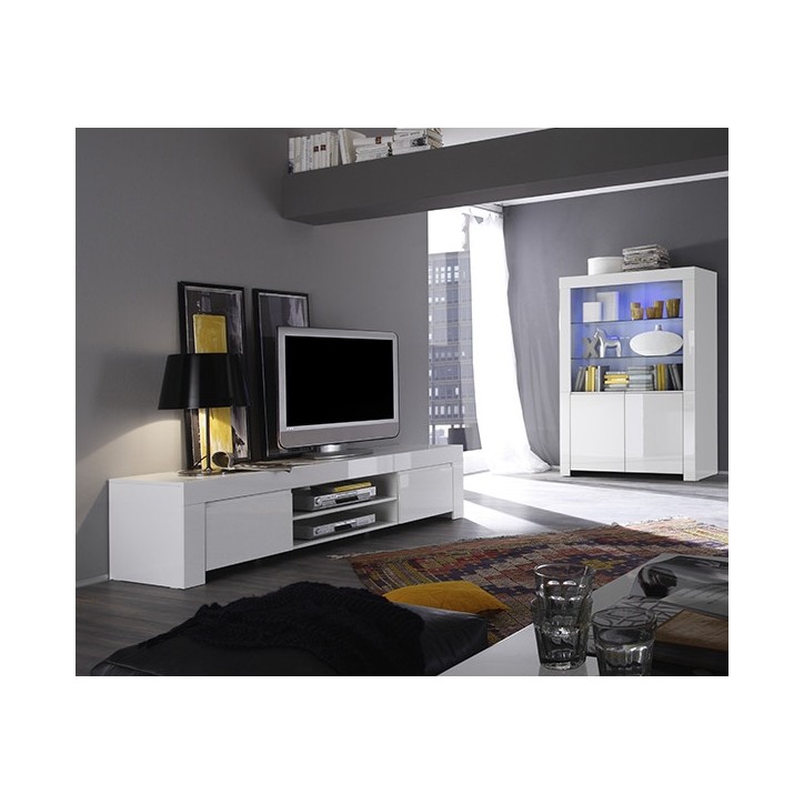 Mueble TV 2 nichos y 2 puertas LAZARRO blanco lacado 140 cm Mueble TV 2 nichos y 2 puertas LAZARRO blanco lacado 140 cm