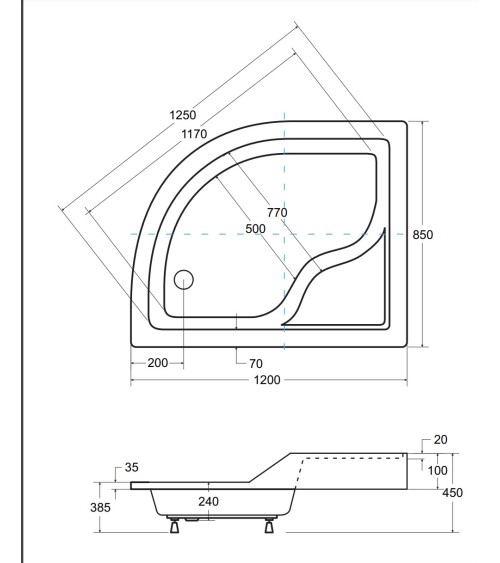 Receveur de douche MAXY asymétrique côté gauche 100x80 cm et 120x85 cm blanc