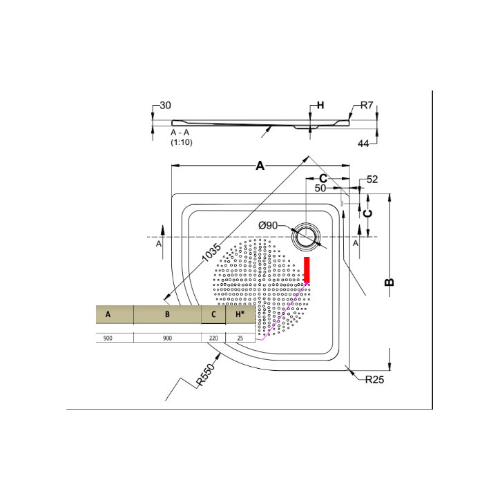 Receveur de douche acier émaillé SLIM 1/4 rond 90x90 cm blanc