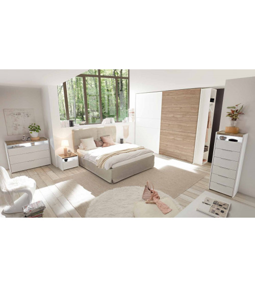 Chambre complète AMALTI blanc et chêne  lit 160x200 cm avec coffre de rangement 