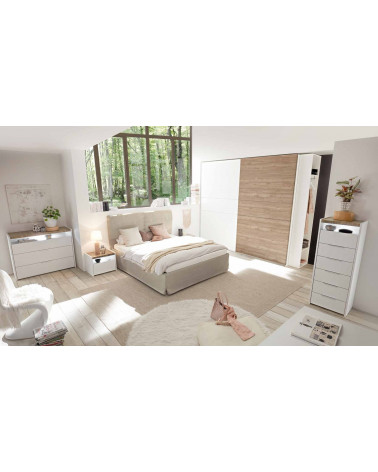 Chambre complète AMALTI blanc et chêne  lit 160x200 cm avec coffre de rangement 