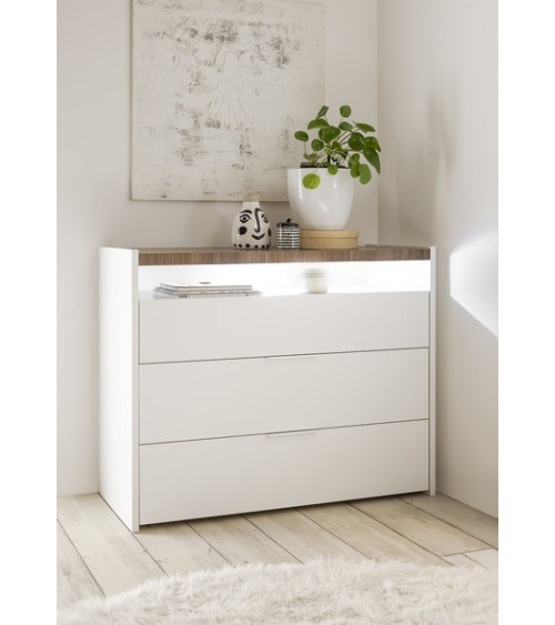 Chambre complète AMALTI blanc et chêne  lit 160x200 cm avec coffre de rangement 