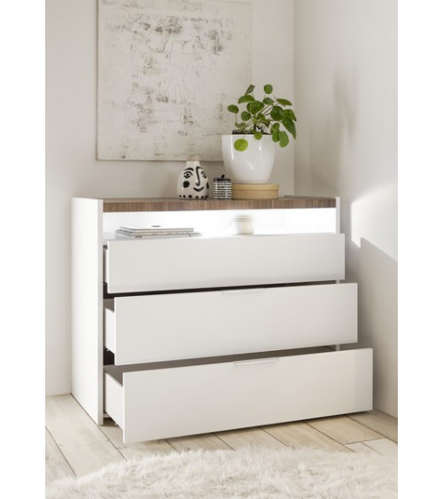 Chambre complète AMALTI blanc et chêne  lit 160x200 cm avec coffre de rangement 