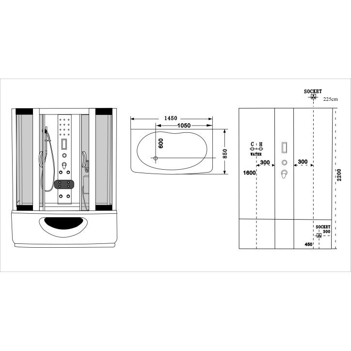 SARA combinazione vasca e doccia con bagno turco e idromassaggio 145x85x220 cm