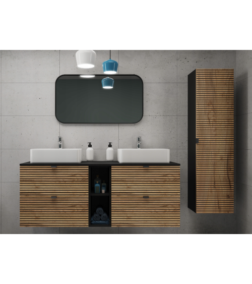 Meuble de salle de bain sous vasque avec colonne - Grenier chêne artisanal doré