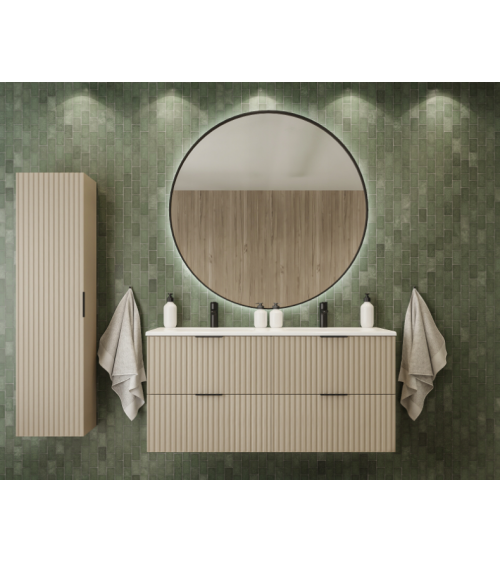 Meuble de salle de bain sous double vasque avec colonne - Flow crème