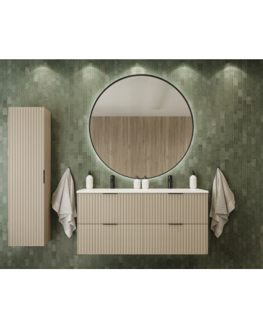 Meuble de salle de bain sous double vasque avec colonne - Flow crème