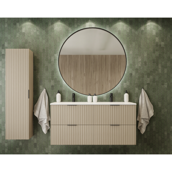 Meuble de salle de bain sous double vasque avec colonne - Flow crème