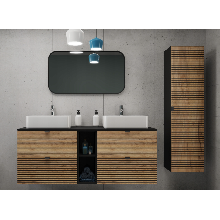 Meuble de salle de bain sous vasque avec colonne - Flow chêne artisanal doré