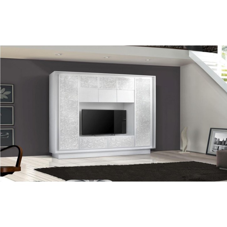 Ensemble meuble TV COLGAR Flor blanc sérigraphié 240 cm