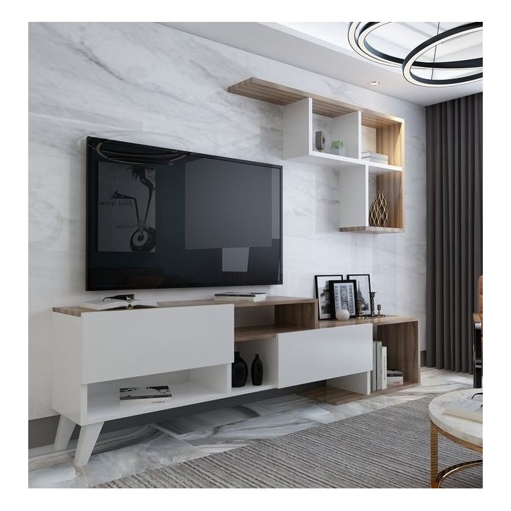 Ensemble meuble TV HADISE 135 cm blanc et bois Ensemble meuble TV HADISE 135 cm blanc et bois