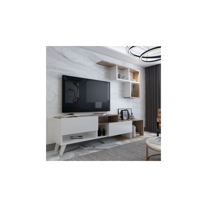 Ensemble meuble TV HADISE 135 cm blanc et bois Ensemble meuble TV HADISE 135 cm blanc et bois