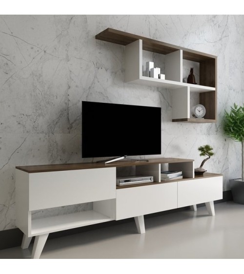 Ensemble meuble TV HAZAN 1 150 cm blanc et bois