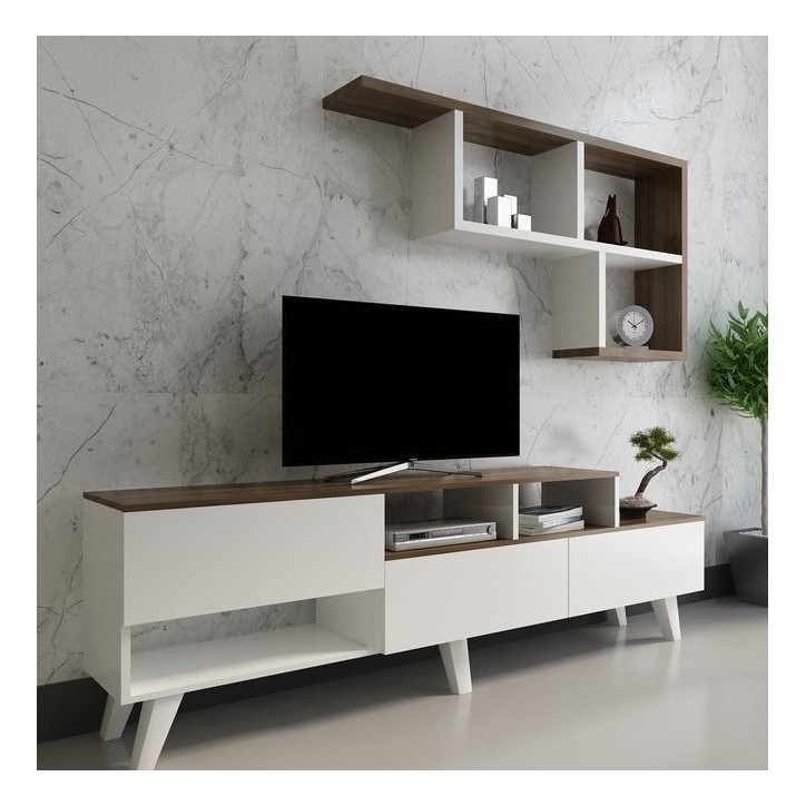 Ensemble meuble TV HAZAN 1 150 cm blanc et bois