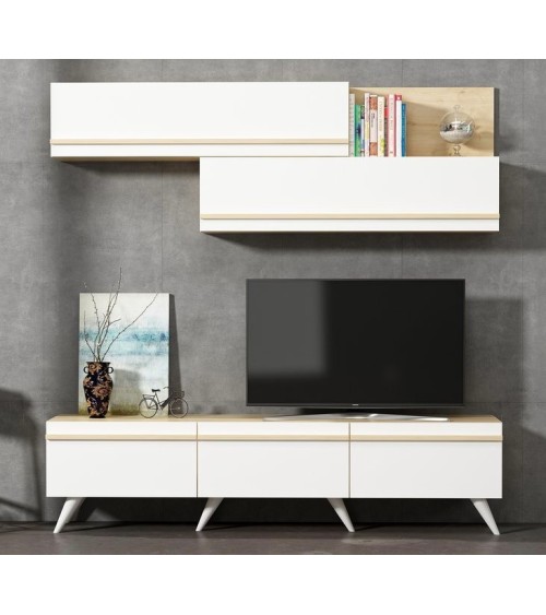 Ensemble meuble TV AMSTERDAM 180 cm blanc et bois