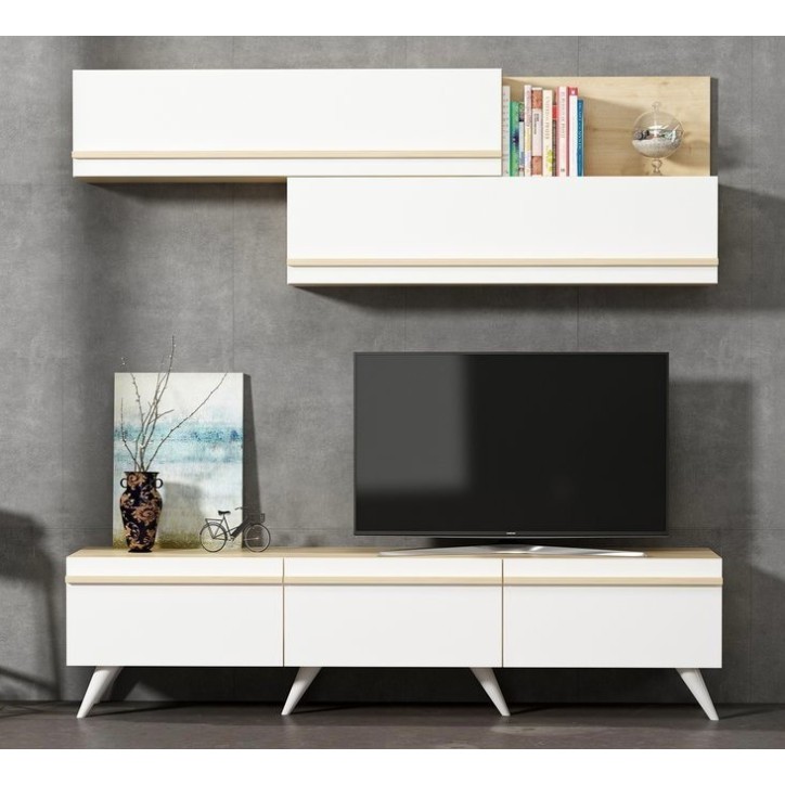 Ensemble meuble TV AMSTERDAM 180 cm blanc et bois