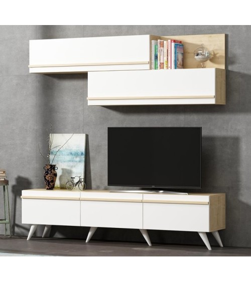 Ensemble meuble TV AMSTERDAM 180 cm blanc et bois