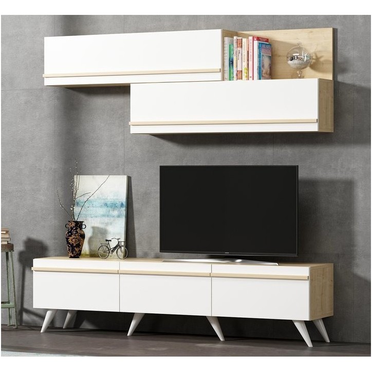Ensemble meuble TV AMSTERDAM 180 cm blanc et bois