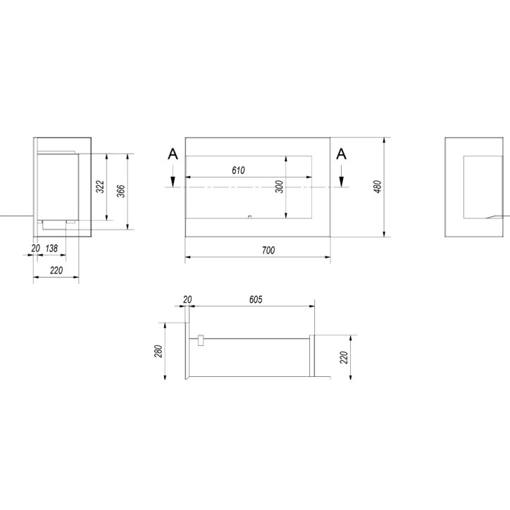 Cheminée bio-éthanol delta d'angle gauche 70 cm