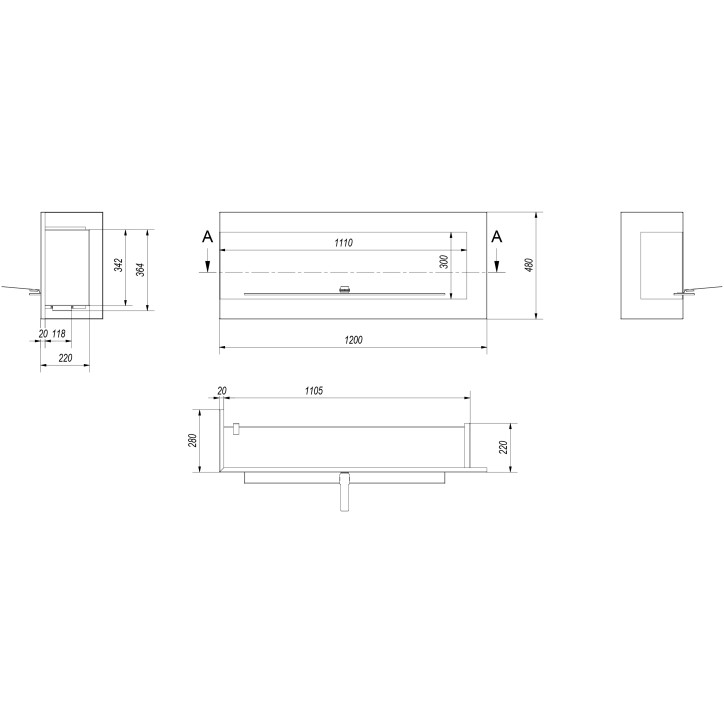 Cheminée bio-éthanol delta d'angle droit 120 cm