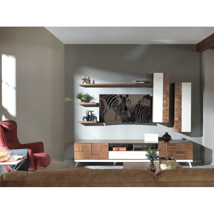 Ensemble meuble TV BERRAK 240 cm Noyer et blanc