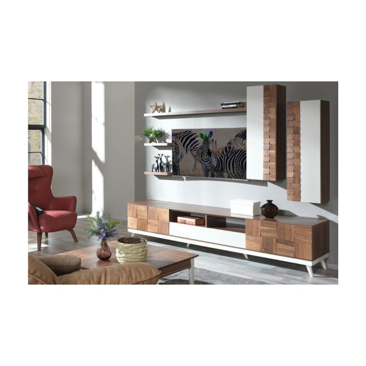 Ensemble meuble TV BERRAK 240 cm Noyer et blanc