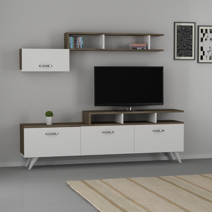 Ensemble meuble TV HIRA 135 cm blanc et noyer Ensemble meuble TV HIRA 135 cm blanc et noyer