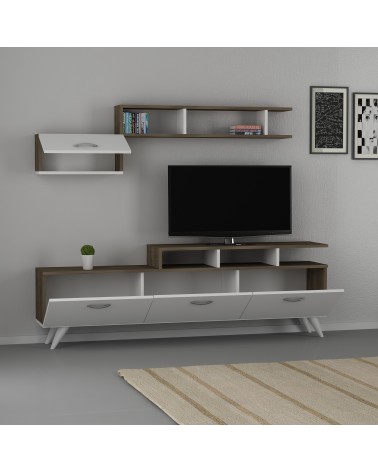 Ensemble meuble TV HIRA 135 cm blanc et noyer