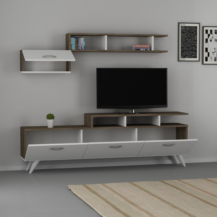 Ensemble meuble TV HIRA 135 cm blanc et noyer Ensemble meuble TV HIRA 135 cm blanc et noyer
