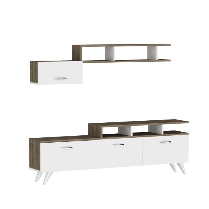 Ensemble meuble TV HIRA 135 cm blanc et noyer Ensemble meuble TV HIRA 135 cm blanc et noyer