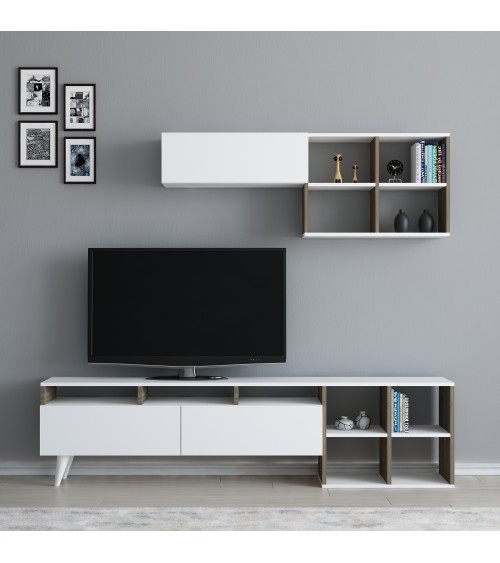 Ensemble meuble TV KUZEY 180cm blanc et noyer