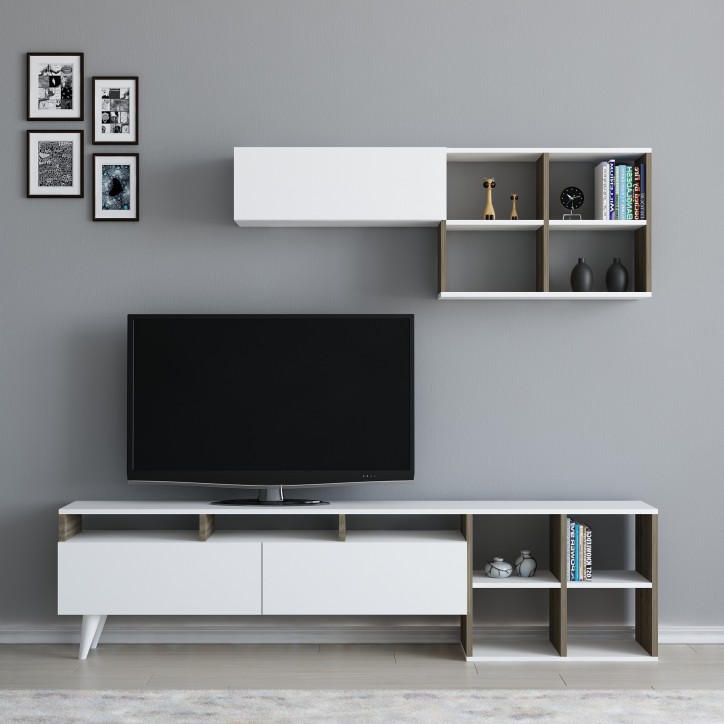 Ensemble meuble TV KUZEY 180cm blanc et noyer