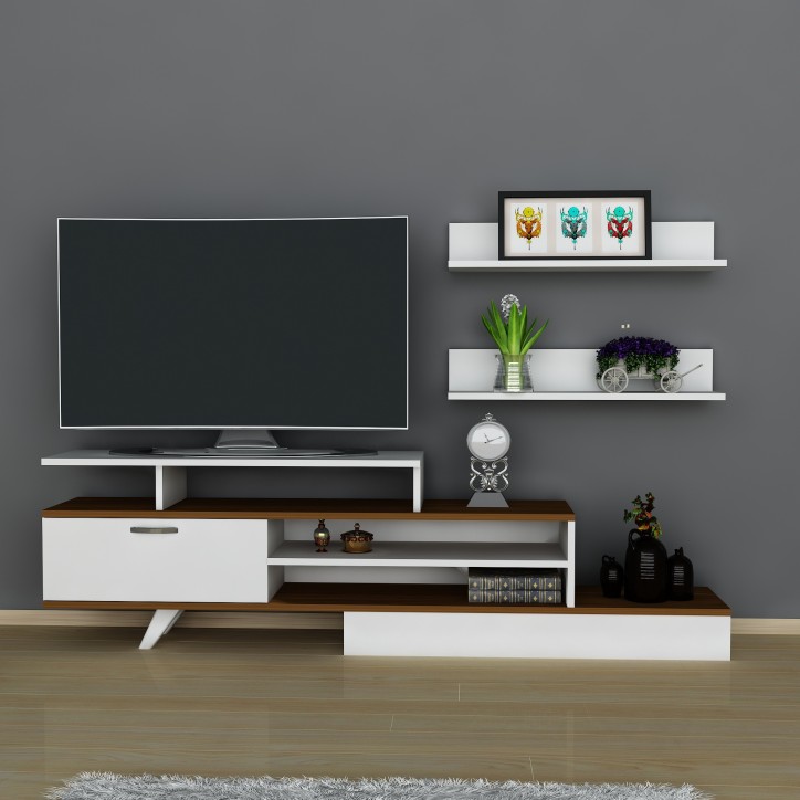 Ensemble meuble TV MILON 180cm blanc et noyer