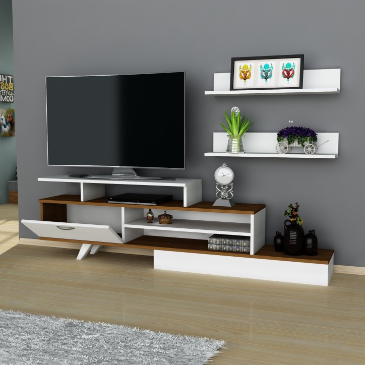 Ensemble meuble TV MILON 180cm blanc et noyer