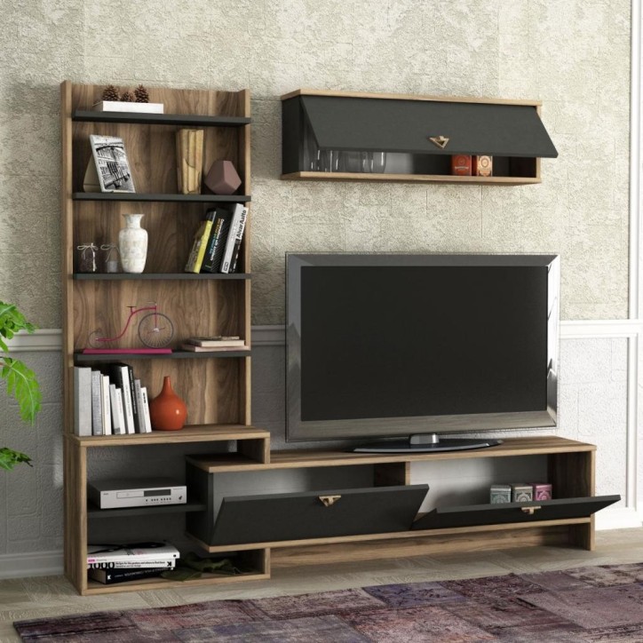 Ensemble meuble TV PIRIL noyer anthracite 180 cm