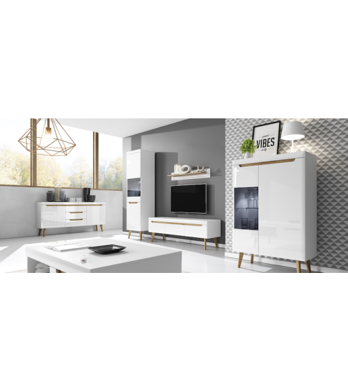 Ensemble meuble TV NORDI 160 cm blanc brillant-chêne
