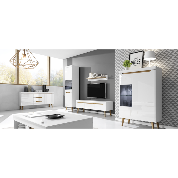 Ensemble meuble TV NORDI 160 cm blanc brillant-chêne